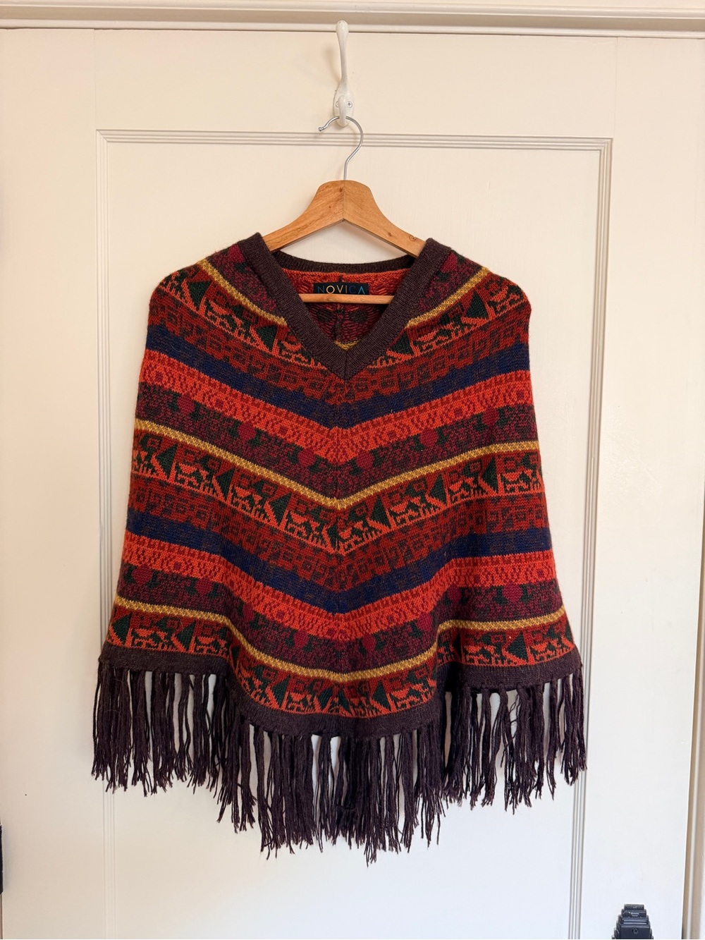 NOVICA Vintage Multicolor Stripe Fringe Wool Blend Poncho - ONE SIZE